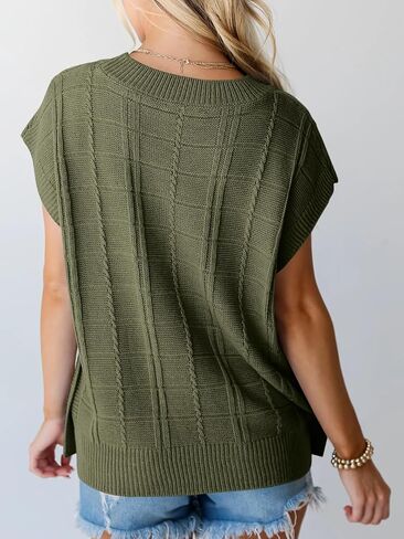 سترة نسائية من Langwyqu ذات أكمام قصيرة بدون أكمام صيفية كبيرة الحجم بدون أكمام ورقبة دائرية كاجوال سترة محبوكة بالكابل in Kuwait