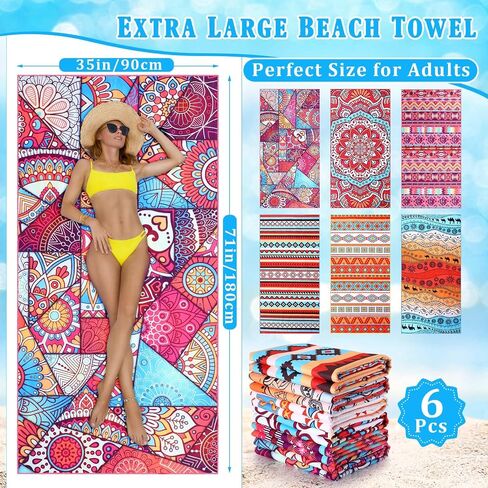 6 Pack Microfiber Beach Towels Oversized Lightweight Boho Beach Towel for Adults 71 x 35 inch XL Beach Blanket Thin Sand Free Towels Quick Dry Swim Towel Pool Towels for Travel Camping in Saudi Arabia