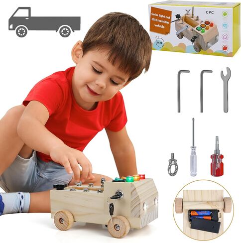 لعبة تعليمية DIY لعبة سيارة خشبية خفيفة LED تلعب في أي وقت، وفي أي مكان، ألعاب مونتيسوري الحسية الخشبية لعمر 3 سنوات فما فوق، ألعاب حسية للأطفال، ألعاب تبديل الضوء، ألعاب سيارات خشبية، هدايا أدوات البناء للأطفال in Kuwait