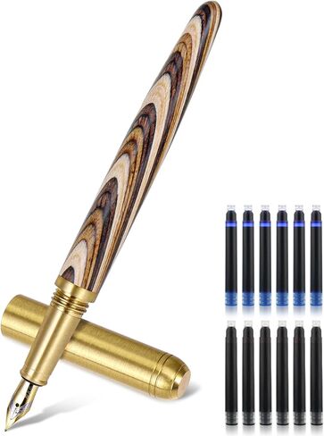 Luxury Wooden Fountain Pen Set, Fine Nib Brass Wood Fountain Pen with 12 Ink Cartridges Vintage Handmade Fountain Pen Retro Writing Pens for Gift Journaling Office Supplies in Saudi Arabia