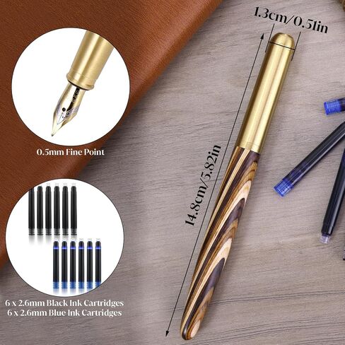 Luxury Wooden Fountain Pen Set, Fine Nib Brass Wood Fountain Pen with 12 Ink Cartridges Vintage Handmade Fountain Pen Retro Writing Pens for Gift Journaling Office Supplies in Saudi Arabia