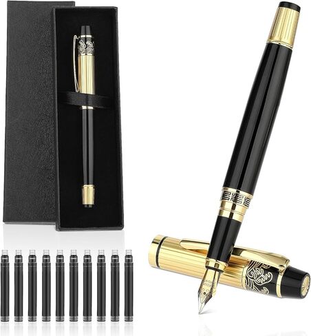 Luxury Metal Fountain Pen Set, Fine Nib Stainless Steel Heavy Duty Fountain Pens with 10 Count 2.6mm Black Cartridge Business Pen Smooth Writing Calligraphy Pen for Office School Supplies Gift in Saudi Arabia