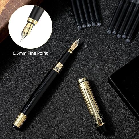 Luxury Metal Fountain Pen Set, Fine Nib Stainless Steel Heavy Duty Fountain Pens with 10 Count 2.6mm Black Cartridge Business Pen Smooth Writing Calligraphy Pen for Office School Supplies Gift in Saudi Arabia