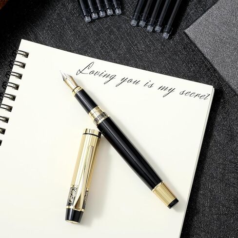 Luxury Metal Fountain Pen Set, Fine Nib Stainless Steel Heavy Duty Fountain Pens with 10 Count 2.6mm Black Cartridge Business Pen Smooth Writing Calligraphy Pen for Office School Supplies Gift in Saudi Arabia
