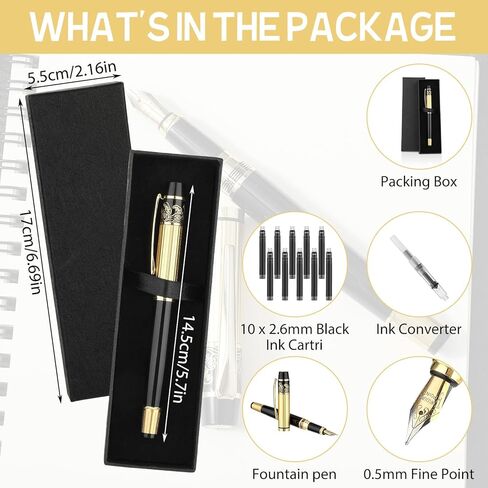 Luxury Metal Fountain Pen Set, Fine Nib Stainless Steel Heavy Duty Fountain Pens with 10 Count 2.6mm Black Cartridge Business Pen Smooth Writing Calligraphy Pen for Office School Supplies Gift in Saudi Arabia