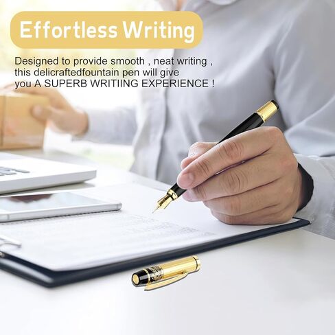 Luxury Metal Fountain Pen Set, Fine Nib Stainless Steel Heavy Duty Fountain Pens with 10 Count 2.6mm Black Cartridge Business Pen Smooth Writing Calligraphy Pen for Office School Supplies Gift in Saudi Arabia