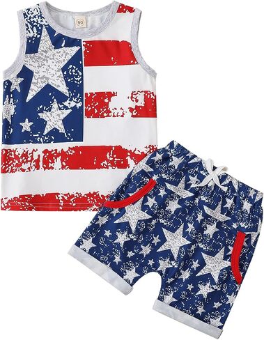 Noubeau 4th of July Toddler Boys Outfits American Flag Tank Tops Patriotic T-Shirts Tees Star Pocket Drawstring Shorts in Saudi Arabia