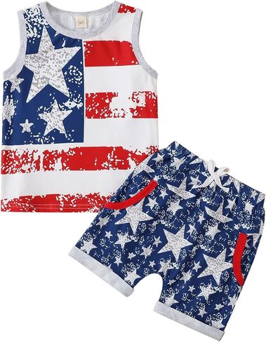 Noubeau 4th of July Toddler Boys Outfits American Flag Tank Tops Patriotic T-Shirts Tees Star Pocket Drawstring Shorts in Saudi Arabia