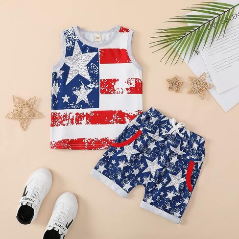 Noubeau 4th of July Toddler Boys Outfits American Flag Tank Tops Patriotic T-Shirts Tees Star Pocket Drawstring Shorts in Saudi Arabia