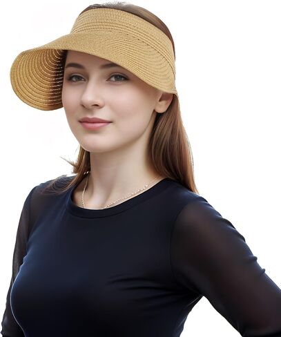 Straw Sun Visors Womens, Ponytail Beach Straw Visor, Packable Summer Sun Hats for Women Travel Khaki in Saudi Arabia