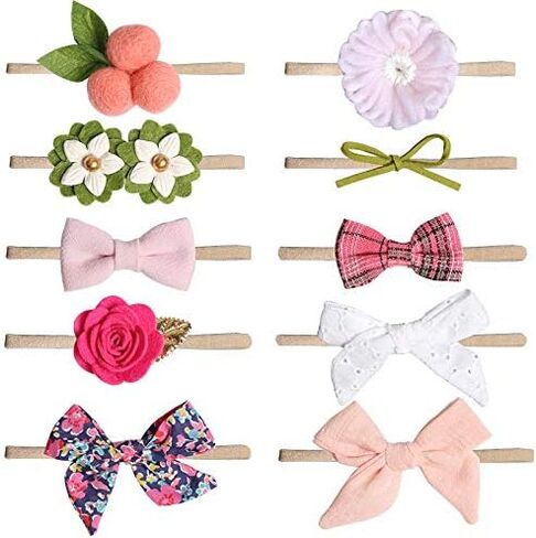 Baby Girls Nylon Elastic Headband Soft Flower Hair Band For Toddler Infant Newborn Hair Bows Set Of 10 (#1) in Kuwait