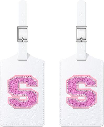 Sodsay 2 PCS Initial Luggage Tag, Luggage Tags for Suitcases Cute Embroidered Letter PU Leather Travel Bag Baggage Tags Privacy Cover ID Label for Women Kids Teens Men(A, White Leather+Pink Letter) in Kuwait
