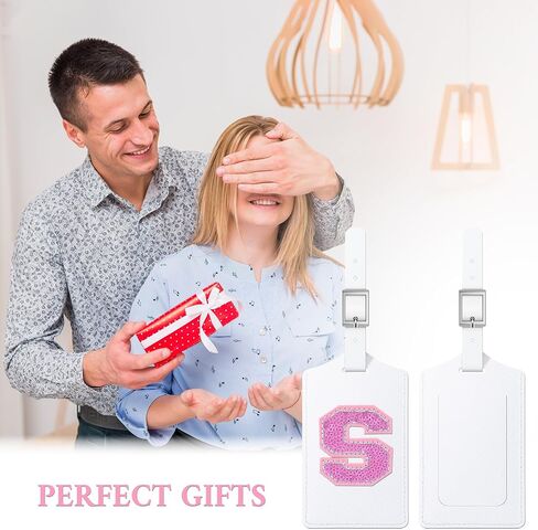 Sodsay 2 PCS Initial Luggage Tag, Luggage Tags for Suitcases Cute Embroidered Letter PU Leather Travel Bag Baggage Tags Privacy Cover ID Label for Women Kids Teens Men(A, White Leather+Pink Letter) in Kuwait