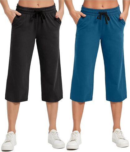 SPECIALMAGIC المرأة 2 حزمة كابري السراويل فضفاضة اليوغا القطن Capris Sweatpants 3 جيوب واسعة الساق الرباط بيجامة السراويل أسود + المحيط الأزرق 2XL in Kuwait
