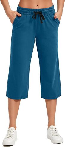 SPECIALMAGIC المرأة 2 حزمة كابري السراويل فضفاضة اليوغا القطن Capris Sweatpants 3 جيوب واسعة الساق الرباط بيجامة السراويل أسود + المحيط الأزرق 2XL in Kuwait
