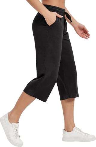 SPECIALMAGIC المرأة 2 حزمة كابري السراويل فضفاضة اليوغا القطن Capris Sweatpants 3 جيوب واسعة الساق الرباط بيجامة السراويل أسود + المحيط الأزرق 2XL in Kuwait