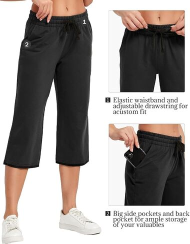 SPECIALMAGIC المرأة 2 حزمة كابري السراويل فضفاضة اليوغا القطن Capris Sweatpants 3 جيوب واسعة الساق الرباط بيجامة السراويل أسود + المحيط الأزرق 2XL in Kuwait