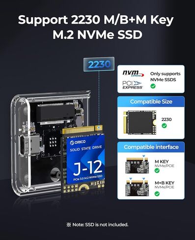 حاوية ORICO M.2 2230 NVMe SSD، محول USB C 3.2 Gen2 إلى NVMe بسرعة 10 جيجابت في الثانية لهاتف iPhone 15 Pro Max ProRes، قارئ M.2 يدعم UASP، Trim، M-Key (مفتاح B+M) - TC20 in Kuwait