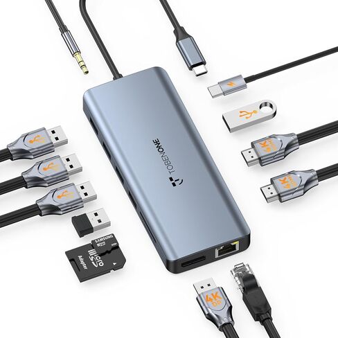 محطة إرساء TobenONE USB C 3 شاشات، محطة إرساء كمبيوتر محمول 13 في 1 شاشة مزدوجة مع 2 HDMI 4K، DP، 100W PD، 5 USB، إيثرنت، SD/TF، ​​ميكروفون/صوت، محور USB C لأجهزة MacBook Dell HP Lenovo Asus Surface in Kuwait