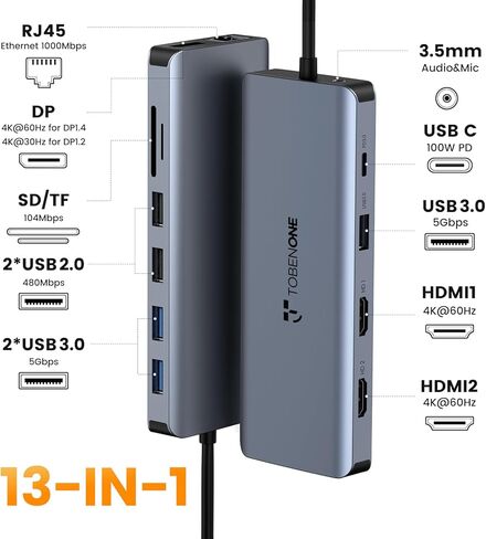 محطة إرساء TobenONE USB C 3 شاشات، محطة إرساء كمبيوتر محمول 13 في 1 شاشة مزدوجة مع 2 HDMI 4K، DP، 100W PD، 5 USB، إيثرنت، SD/TF، ​​ميكروفون/صوت، محور USB C لأجهزة MacBook Dell HP Lenovo Asus Surface in Kuwait