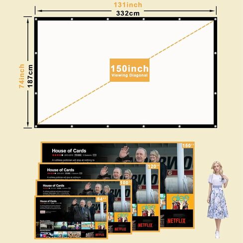 150 Inch Projector Screen, Portable Outdoor Movie Screen, Anti-Crease Foldable Double Sided Projection Screen for Home, Office, Classroom - 84-150 Inch Compatible, Pantalla para Proyector in Saudi Arabia