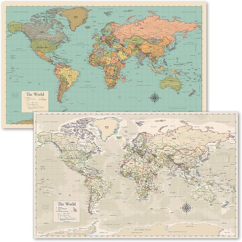 2 Pack - World Map [Tan/Color] & Antique Style World Map - Set of 2 Posters (LAMINATED, 18" x 29") in Saudi Arabia
