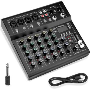6-Channel DJ Audio Mixer with Bluetooth, USB/MP3 Sound Card, Built-In DSP Effects & 48V Phantom Power, Compact Mixing Console for Karaoke, Podcast, Live Streaming, and Studio Recording in Kuwait