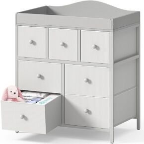 BOLUO Changing Table Dresser with 7 Fabric Drawers, Baby Dresser with Changing Table Top Diaper Changing Station with Storage for Nursery Modern in Saudi Arabia