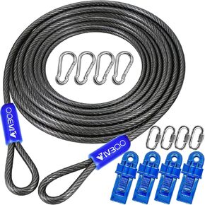 كابل من الفولاذ المقاوم للصدأ مطلي بالفينيل بطول 50 قدم (5/16 بوصة) مزود بحلقات وقبضة قفل شديدة التحمل للخيمة وغطاء المظلة للسيارة والمسبح in Kuwait