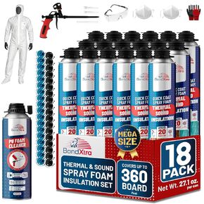 مجموعة عزل رغوة الرش (18 × 32.80 أونصة/930 جرام - 480 قدم لوح)، رغوة لاصقة ذاتية التمدد، خلية مغلقة عزل حراري ورذاذ صوتي مع منظف ومسدس توزيع - 18 عبوة in Kuwait