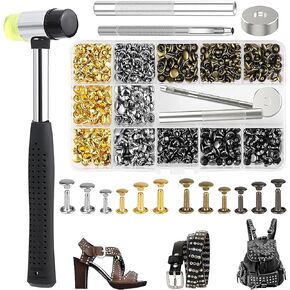 480 مجموعة من 3 مقاسات من المسامير الجلدية ذات الغطاء المزدوج للجلد مع مجموعة أدوات تثبيت المطرقة المطاطية، مسامير معدنية أنبوبية من أجل قبعات جلدية يدوية الصنع وأحذية ومحفظة وإصلاح الحقائب (4 ألوان) in Kuwait