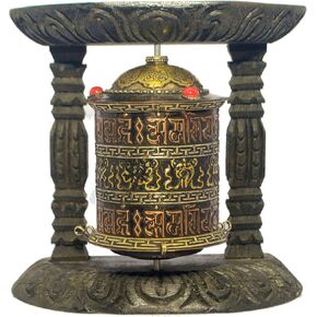 عجلة الصلاة التبتية التقليدية، حامل خشبي مع أسطوانة نحاسية، تصميم بوذي أوم ماني بادمي هوم in Kuwait