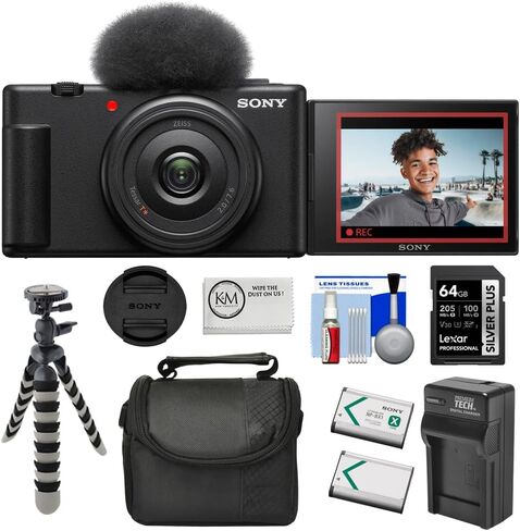 Sony ZV-1F Vlogging Camera | Black Bundle with 64GB Memory Card + Cleaning Cloth + 12" Flexipod + Spare Battery & Charger + Camera Bag + 5-Piece Cleaning Kit (8 Items) in Saudi Arabia