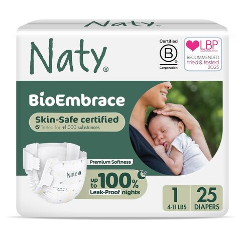 Naty Bioembrace Baby Diapers Size 5 (24–55 رطلاً) | 100 ٪ biobased على الجلد | النعومة القائمة على النبات | تم اختباره للأمراض الجلدية ، فائقة الامتصاص | 80 العد in Kuwait