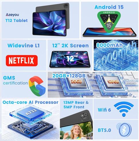 جهاز لوحي ، Android 15 Tablet ، 20 جيجا بايت ذاكرة الوصول العشوائي 128GB ROM 1TB التوسع ، A733 معالج 8 كوبية ، 12 بوصة 2000 × 1200 شاشة لمس in Kuwait