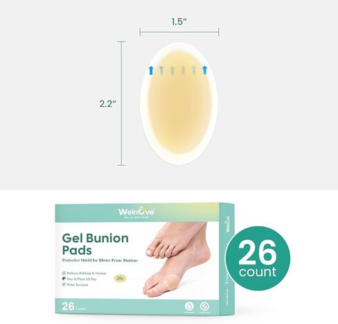 Welnove Hydrocolloid Bunion Pads - Gel Bunion Cushions for Blister Protection, Invisible & Breathable Waterproof, All-Day Adhesive - 26 Count in Saudi Arabia