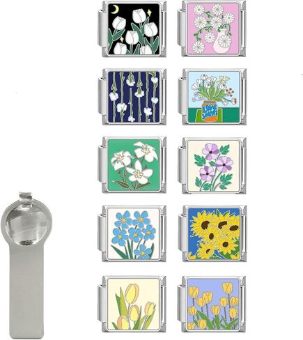 papasgix Italian Charm Bracelet Charms Pack Links Bulk with Opening Tool 9mm Italian Charms 10 Flowers Italian Modular Bracelet Links Handmade DIY Jewelry in Saudi Arabia