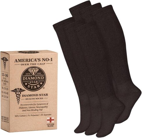 Diamond Star 6 Pairs Diabetic Knee High Socks for Men – Over the Calf Cotton Socks, Non-Binding Comfortable Fit – Men's Shoe in Saudi Arabia
