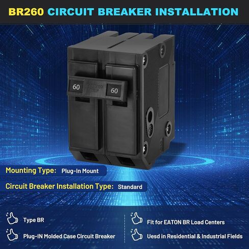 قاطع BR260 Br 2 قطب 60 أمبير، مناسب لقاطع Eaton Br نوع 60 أمبير 2 قطب، تصنيف 120/240 فولت، 2 قطب 60 أمبير نوع Br قاطع دائرة قابل للتبديل in Saudi Arabia