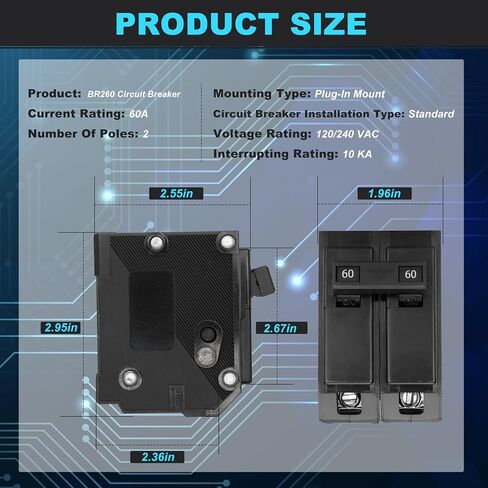 قاطع BR260 Br 2 قطب 60 أمبير، مناسب لقاطع Eaton Br نوع 60 أمبير 2 قطب، تصنيف 120/240 فولت، 2 قطب 60 أمبير نوع Br قاطع دائرة قابل للتبديل in Saudi Arabia