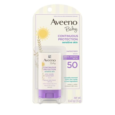 Aveeno Baby Continuous Protection Mineral Sunscreen Stick for Sensitive Skin with Broad Spectrum SPF 50 Protection for Face & Body, Naturally Sourced 100% Zinc Oxide, Travel Size, 0.47 oz in Kuwait