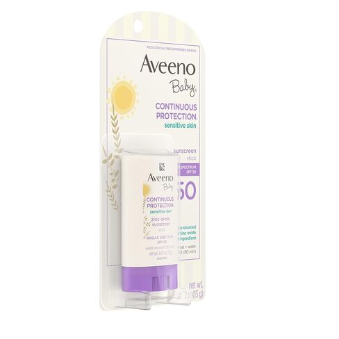 Aveeno Baby Continuous Protection Mineral Sunscreen Stick for Sensitive Skin with Broad Spectrum SPF 50 Protection for Face & Body, Naturally Sourced 100% Zinc Oxide, Travel Size, 0.47 oz in Kuwait