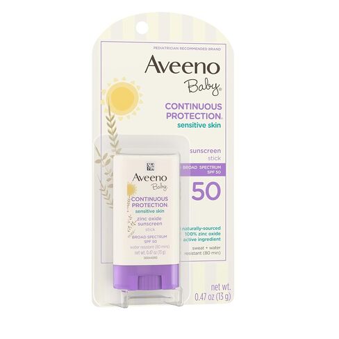 Aveeno Baby Continuous Protection Mineral Sunscreen Stick for Sensitive Skin with Broad Spectrum SPF 50 Protection for Face & Body, Naturally Sourced 100% Zinc Oxide, Travel Size, 0.47 oz in Kuwait