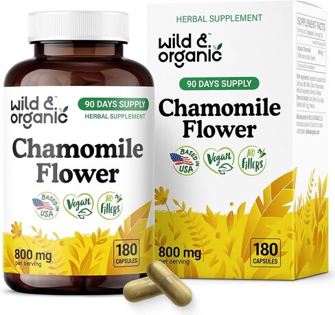 Wild & Organic Chamomile Capsules 800 mg - Relaxation & Digestive Support - Herb Chamomile Extract Supplement - Matricaria Recutita Flower - Vegan, No Fillers, Non-GMO - 60 Count in Saudi Arabia