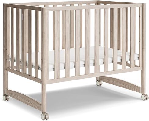 EvoNook 6-in-1 Convertible Mini Crib, 100% New Zealand Wood, 4 Adjustable Mattress Heights, Crib with Mattress, Washed Natural in Kuwait