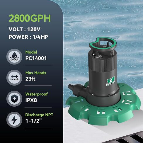 PUMPMAN Automatic Submersible Pool Cover Pump 110 V 1/4 HP 2800 GPH with 2/5" Check Valve Adapter For All Swimming Pools Spas Hot Tubs Rooftops Water Beds With 10FT Power Cord in Saudi Arabia