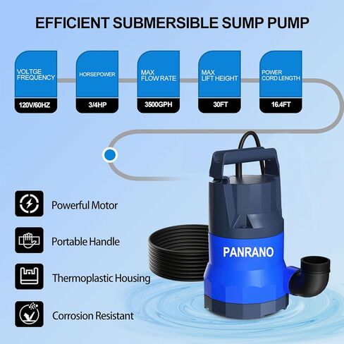 مضخة مستنقع 3/4HP مضخة مياه غاطسة 3500GPH مضخات مياه نقل كهربائية محمولة لتصريف حمام السباحة مع سلك طاقة 16.4 قدم، يدوي in Kuwait