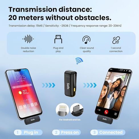 ميكروفون Lavalier لاسلكي لأجهزة iPhone وAndroid مع قابس USB-C، ميكروفون لاسلكي احترافي مع تقليل الضوضاء الذكي لتسجيل الفيديو، ومدونات الفيديو (USB Type-C) in Saudi Arabia