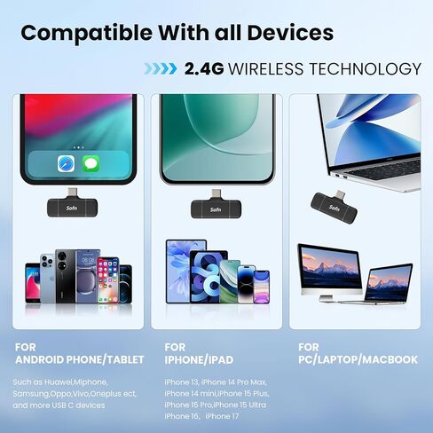 ميكروفون Lavalier لاسلكي لأجهزة iPhone وAndroid مع قابس USB-C، ميكروفون لاسلكي احترافي مع تقليل الضوضاء الذكي لتسجيل الفيديو، ومدونات الفيديو (USB Type-C) in Saudi Arabia