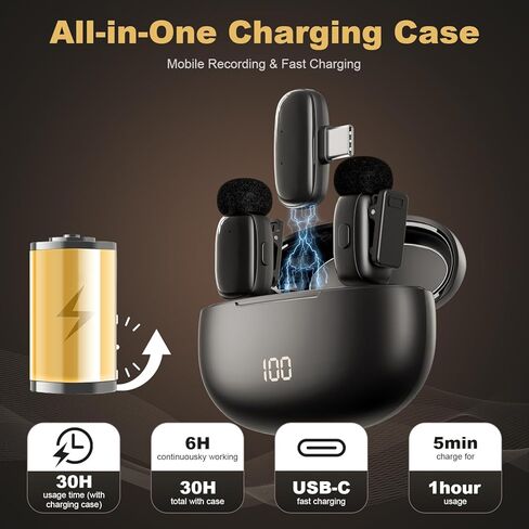 ميكروفون صغير لاسلكي Lavalier لأجهزة iPhone ipad Android، عمر بطارية طويل 30 ساعة، نطاق لاسلكي 100 قدم، إلغاء الضوضاء، التوصيل والتشغيل لمدونات الفيديو، تسجيل الفيديو، البودكاست، يوتيوب، تيك توك in Saudi Arabia